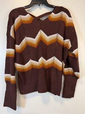 FCT With Love Brown Chevron Knit‎ Sweater  White and Mustard Stripes Women’s XL